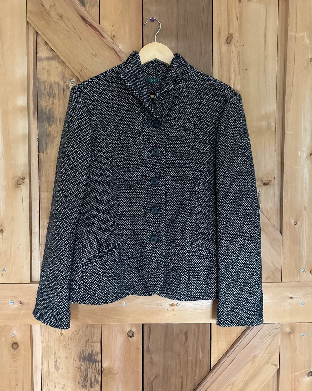 LAUREN RALPH LAUREN Vintage Lined Wool Tweed Preppy Black White Coat Size L**